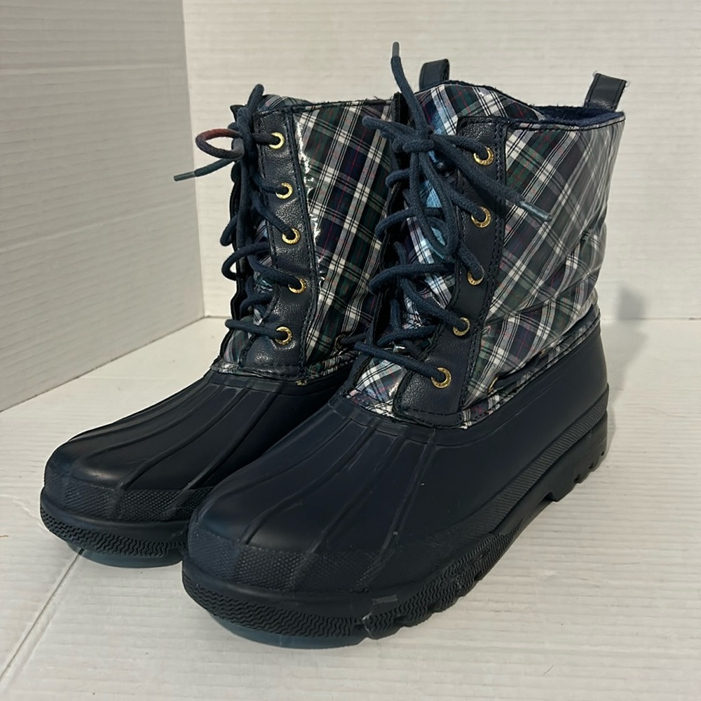 Sperry navy plaid waterproof rain boots